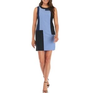 Calvin Klein Colorblock Sheath Dress Blue Navy Denim Look Sz 12 Sleeveless Chic